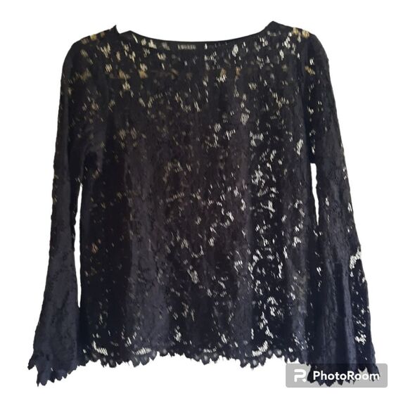 Karen Kane Floral Lace Three Quarters Ruffed Sleeves Popover Blouse - Picture 1 of 4